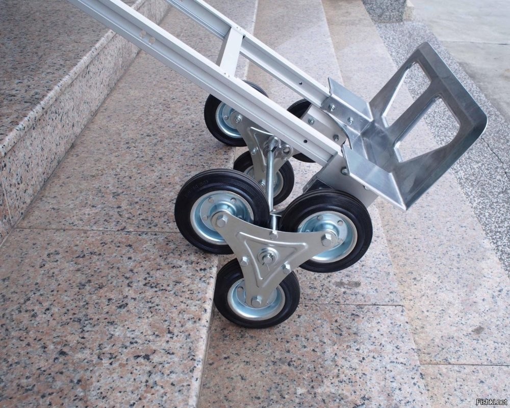 С колёсами как-то нерационально, ибо для движения по ступенькам давно используют "колесо с колёсиками".
А так, куча вопросов - сколько весит такая тележка, и какая у неё автономность?  Если постоянно где-то на производстве надо таскать грузы через лестницы, то легче сделать либо направляющие-пандусы, либо моторизированную платформу (как в спусках в в метро, либо сам катишь по специальной аппарели, либо пользуешься лифтовой платформой).