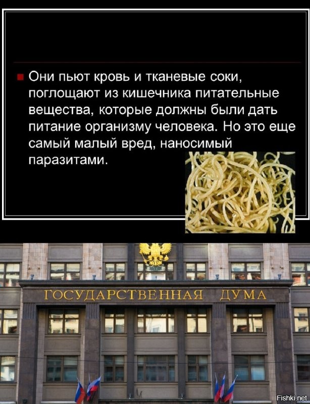 Я гельминтологов понимаю.
ЧЕРВЯК НЕ ТОТ, ЧТО ТЫ СЪЕЛ, А ТОТ ЧТО ЕСТ ТЕБЯ.
 Но, извините, как бороться с глистами и паразитами, что сами устанавливают законы в жизни человека? Борьба с паразитами - подсудное дело.