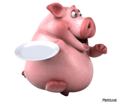 Взволнованная свинья пытается успеть на завтрак