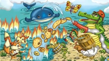 А лисички
Взяли спички,
К морю синему пошли,
Море синее зажгли.

Море пламенем горит,
Выбежал из моря кит:
«Эй, пожарные, бегите!
Помогите, помогите!»

Долго, долго крокодил
Море синее тушил
Пирогами, и блинами,
И сушёными грибами.