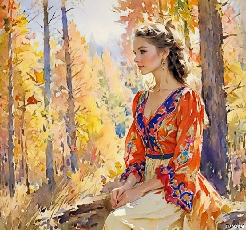 distant painting of 17 years old girl sitting in autumn forest, red and yellow sundress, shy, oil painting (by Konstantin Korovin:1.65), <lora:Arina_Averina:0.7> Aarina