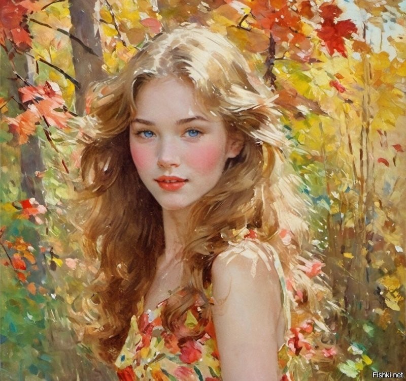 portrait of 17 years old mix between (Megan Fox:0.8) AND (Margot Robbie:0.4) in autumn forest, ginger long windy hair, eye contact, sundress, freckles, smile, shy, half turn, oil painting (by Konstantin Korovin:1.15)