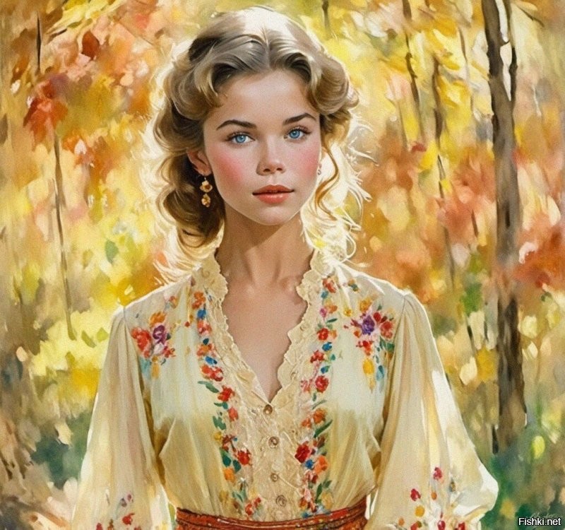 (filmgrain:1.4), waist painting of 17 years old mix between (Audrey Hepburn:0.3) AND (Margot Robbie:0.7) in autumn forest, eye contact, sundress, freckles, (smile:0.7), shy, watercolor oil painting (by Konstantin Korovin:0.95)