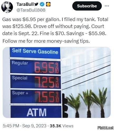 Бензин был по $6.95 за галлон. Залила бак на $125.98. Уехала, не заплатив. Повестка в суд на 22 сентября. Штраф - $70. Прямая выгода - $55.98.