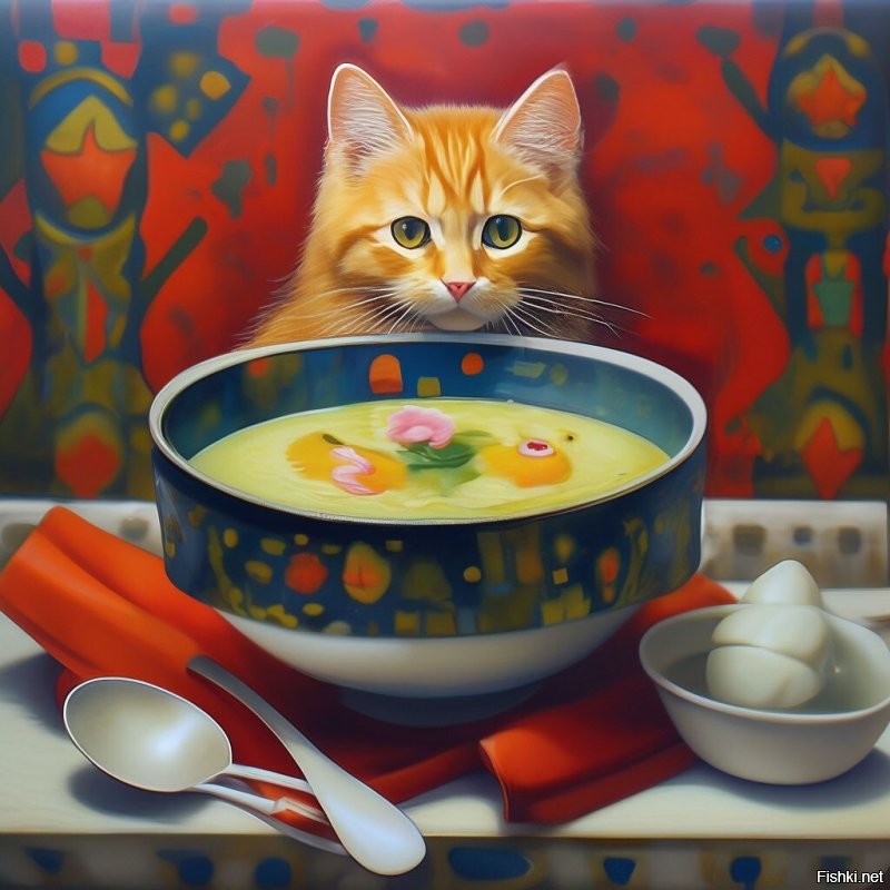 А это нейросеть Шедеврум на фразу "Суп с котом".
