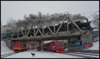 Паровоз, тепловоз. электровоз и собака.