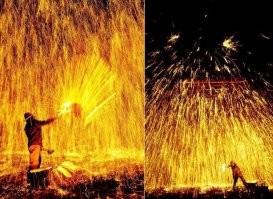 Вообще то - это известное шоу в Китае Да Шухуа!
Дашухуа смелых мужиков, без "космических костюмов" швыряют жидкий металл о стенку!