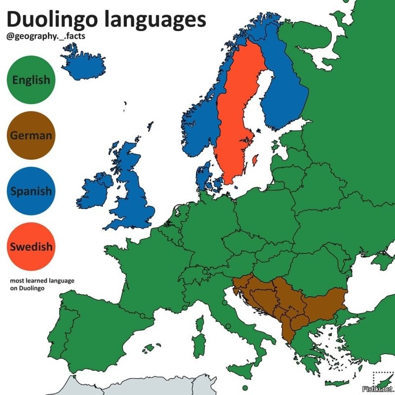 Меня рассмешила вот эта карта. В Швеции самый изучаемый язык на Duolingo - шведский!
Понаехало там разных...