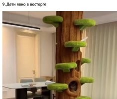 Что-то мне все эти веревочки вместо перил кажутся ненадежными. Понимаю, что выдержат вес человека,но вызывают ощущение  дискомфорта.. 
 И для чего, интересно,лежанка под лестницей? Думаю, на неё просто будут сваливать одежду. 
PS Это дерево яно не для детей, а для котов.