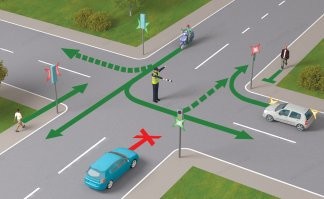 По ПДД  ТС, а в данном случае автобус должен совершить поворот налево или разворот в пределах перекрестка так чтобы траектория его движения не попадала на полосы встречного движения. Если бы это был регулировщик - его следовало бы объехать и совершить маневр уже за ним, а не перед.  Если такового нет то правила дорожного движения позволяют выбрать любую траекторию движения в пределах пересечения проезжих частей.