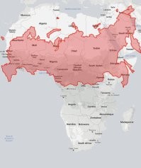Кстати, про Японию.

16. Россия меньше Африки почти в два раза (xотя по привычным картам все выглядит наоборот): 17.1 млн. кв. км  против 30.4 млн. кв. км
