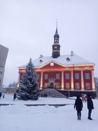 В Нарве есть старинная ратуша(фото тех времён ниже). Про нее ходит много легенд, говорят, там есть привидения, в чем я однажды лично убедился.
В то время она пустовала, а мой друг работал там сторожем. Поэтому мы иногда собирались там пропустить ромашку.
Вот однажды сидели втроём, мне захотелось в туалет. А туалет находится в другом крыле здания, надо пройти по коридору, через зал(на фото) и в другой коридор. Была ночь, но в зале и туалете есть окна, так что свет включать не требовалось, сумрак, но дойти можно.
С нами был ротвейлер, Джесси. Он с детства меня знал, и обычно слушался. Я пошел, позвал Джесси с собой, выхожу из туалета, Джесси стоит, ждёт меня. Погладил ее мимоходом и пошел обратно. Захожу в комнату, а Джесси там сидит.  Говорю, не понял, а как ты меня обогнала, ты ж сзади шла? Мужики на меня смотрят ошалело и говорят - так она и не выходила. Тут и я ошалел -  говорю, а кого ж я тогда только что погладил? Разгадки мы так и не нашли. Того собакена я толком не рассмотрел, черный пёс в темноте, что там рассмотришь, да я и не приглядывался, ведь был уверен, что это Джесси. И выпито-то было всего полтора на троих, для трёх мужиков это ни о чем.

Так же там ночами творились странности с дверью в каморку. Я обычно спал на диване у двери, в двери есть замок, который открывается только нажатием на ручку. Так вот, дверь частенько открывалась ночью сама. Сначала было страшновато, выбегал в коридор смотреть, а потом привык и забил на это, тупо вставал и закрывал опять. Иногда были слышны шаги в коридоре или на верхнем этаже, но никого там не было, проверяли не раз.

Кстати, сейчас ратушу отреставрировали(фото), там теперь горуправа. Надеюсь, привидения теперь досаждают нашим чиновникам.