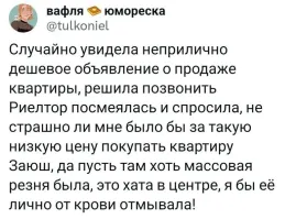 Да тут не крови и убийств надо бояться.Просто через пару лет придёт после отсидки человек и скажет что имеет право тут жить.Ну и ещё один из психушки,скажет что продали нарушив его права.