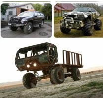 Ну... Слишком жёсткая шина, это не всегда хорошо. 
Она не плющится под весом машины, значит пятно контакта не увеличивается при стравливании. 

Понятно дело, шина многослойная, от тяжелого грузовика на относительно лёгком пикапе. 

Бедлоки это хорошо. 

По сути, взяли мосты от шишиги (на Садко - те же мосты). 
Поставили колеса от Урала и мощный дизель. 
Сверху лёгкий кузов. 

Воткни этот дизель на шишигу, будет практически тоже самое. 

Ничего новационного, в этой машине не показали. 
Таких самоделок немало. 
Есть и на независимой подвеске, от того же БТР. 
Умельцев у нас хватает. 

А вот с оформлением по закону, таких автомобилей, большие проблемы. 
Очень сильно крылья подрезали самодельщикам. Увы.