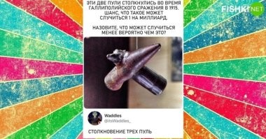 Половина интернета спорит, что это пули из битвы при Gallipoli 1915 года, т.е., ПМВ. Вторая половина не менее жарко настаивает, что это пули именно с полей боёв за Сталинград. Дескать, настолько жаркими были бои, так тесно пулям было в воздухе, что сталкивались в полёте друг с другом.
На одной пули чётко читаются следы от нарезов в канале ствола. из которого она, собственно и была выпущена. А что же со второй ? А ничего ! Гладкая. Читал забавные версии, что она ( вторая пуля) могла быть выпущена из гладкоствольного оружия )) Я бы по советовал бы им ознакомится с конструкцией пуль для гладкоствольного оружия.

Итак, что мы имеем ? Одна пуля была выстрелена а вторая нет, как же они встретились ? Да очень просто ! Вероятнее всего, пуля попала в патрон, который в свою очередь, находился в кармане, подсумке, в ящике с патронами и т.п. Куда же делась гильза ? Ударом пулю вполне могло вырвать из гильзы.
Вообще,  таких столкнувшихся друг с другом пуль в музеях ни одна и не две. Но именно первая приведённая, так будоражит всем кровь и вызывает яростные интернет споры.