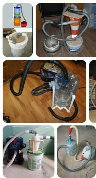 Самодельный "" циклон" из пластикового ведра с крышкой и пылесос. 
Да просто большую "банку", как промежуточный фильтр.