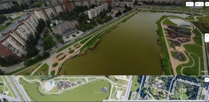какой спорткомплекс? там, откуда делали фото на берегу уличная сцена стоит и детские площадки.

одно фото - деревья уже подросли, но парка ещё нет ( здание детской поликлиники №77 справа ).
а вот второе фото, правда качество ужасное. слева видна уличная сцена где место "оригинальной" фотографии.
и последнее фото - яндекс карты ( 2021 год ), панорама озера Долгое.
слева - поликлиника, справа - берег, откуда делали фото.