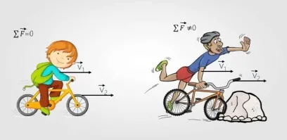 Крайне неверно писать о сумме сил, а на иллюстрации показывать скорости.
А на правой картинке скорость велосипеда V2 равна нулю, велосипед стоит, не едет. Но раз уж Вы почему-то решили объяснить Второй закон Ньютона в терминах Скорости, и поскольку Вы изображаете ее в виде вектора, то и длина направленного отрезка, обозначающего V2 тоже должна быть равна нулю. У Вас длина вектора V2 такая же, как на левой картинке, что говорит о движении велосипеда вперед.