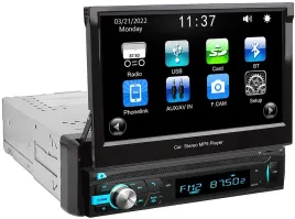 Я себе типа такой поставил, только с поддержкой сим-карты. Обычный планшет на андроиде. Экран нужен только когда еду по навигатору в незнакомое место, а так, он практически постоянно убран. Цена в районе 15 штук, хотя можно найти и дешевле.