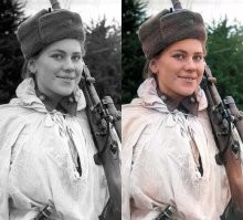Думаю, что большинство фото, это автораскраска через программу или онлайн сервис и цветокоррекция.
Для интереса загрузил в первый попавшийся сервис (img2go.com).