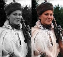 Думаю, что большинство фото, это автораскраска через программу или онлайн сервис и цветокоррекция.
Для интереса загрузил в первый попавшийся сервис (img2go.com).