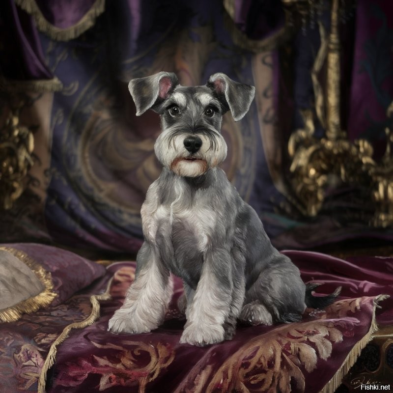 Я составлял задание имитации. 
A stunning, intricate miniature painting of a Schnauzer dog in the style of Peter Paul Rubens. The dog is depicted sitting gracefully on a rich, ornate fabric, its fur meticulously rendered in detailed brushstrokes. The dog has a playful expression, with bright, alert eyes and floppy ears. The background is a grand, opulent setting with lavish tapestries, gold accents, and a hint of a grand chandelier. The overall mood of the painting is elegant and regal.