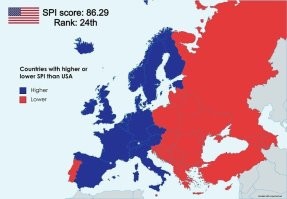 Европейские страны, которые считаются более (синий) или менее (красный) прогрессивными, чем США, по индексу социального прогресса.
Агась. По "объективному" мнению пиндосии - обоссанного бомжатника без медицинского обслуживания, без права на отпуск и  так далее