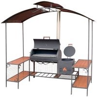 Классных идей я не увидел. В основном пижонство в угоду здравому смыслу.   Выглядит красиво, но по КПД проигрывает самому обычному мангалу.
По сути, для дачи - вам нужен мангал с крышкой и навес. Особо хитрее изгаляться смысла нет. Ну тока если хотите поразить кого-то свой экспозицией с участием мангала,  или отбахать многофункциональную печь-коптильню, пользоваться на 100% которой вы будете в лучшем случае раз в год :)