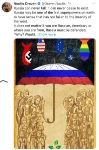 Американский ветеран, писатель Ноктис Дрейвен: Россия не может пасть, она не может прекратить свое существование. Возможно, Россия – одна из последних сверхдержав на земле, которая не поддалась безумию Запада. Неважно, русский вы, американец или откуда еще родом, Россию нужно защищать. 
Потому что бежать больше некуда. Нам больше некуда идти, это конец пути. Даже русские не понимают, что поставлено на карту, потому что русские – серьезные люди, которые не верят в заговоры, но меня не волнует их неспособность видеть правду. Я вижу чертову правду и говорю вам прямо сейчас: если Россия падет, весь мир падет на пути сатанинского Запада. 
Я русский? Нет. Но понимаю ли я, насколько они важны для свободы и настоящего, единого мирового порядка? Еще как. 
В России думают, что они борются только с Западом и НАТО, они не имеют понятия, что они борются с самим сатаной. Они не понимают, что Украина – это только начало, они не понимают, что Украина – это детская игра. Запад намерен обрушить на них весь мир. Мы ни в коем случае не можем позволить России проиграть.