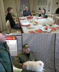 Собака - настоящий друг человека, никогда не предаст и любит тебя таким, какой ты есть. С такой и на обед можно пойти, даже нужно, особенно если к тебе приехала Наиля Аскер-Заде и есть вероятность что она мусульманка.
Ну или как можно ехать проверять боеготовность без своего белого друга?
А вот имя Умка... ну, не знаю, по мне ему больше подошло бы Инцитат.