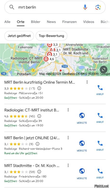 Не потому ли, что "больницей" в Берлине называют стационар, а МРТ делают в радиологии?

138 центров Радиологии в Берлине выплюнул гугль.