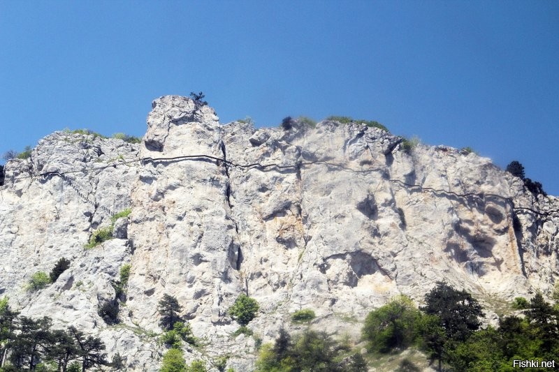 В Крыму на Ай-Петри есть "Небесная тропа" - там вдоль скалы тропинка из досок шириной сантиметров 40. А чтоб совсем без настила - такое не видел