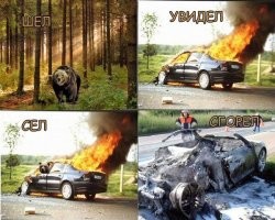 Ну,это очень древний анекдот,он ещё более тупой. Специально для вас расскажу: "Идет медведь по лесу, видит, машина горит. Сел в нее и сгорел."
Лет 12-15 назад это был очень сильный мем. Достаточно сейчас забить в Гугле " медведь горящая машина" сразу выдаст этот анекдот.
