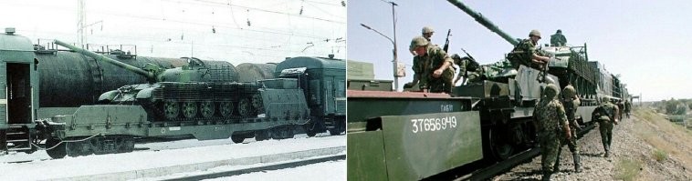 Не раз видел бронепоезда во время службы в ЧР, решил скопипастить не большой пост с ВК
Не мое.
Взято от сюда, 

Роль бронепоездов в войне в Чечне.

Бронепоезда,а точнее спецпоезда железнодорожных войск РФ впервые появились на театре военных действий в декабре 1994 года. Поезд представлял собой платформы с ремонтными комплектами для восстановление ж/д полотна, а так же стоящие на платформах две БМП-2.Основными задачами, поставленные для спецпоездов стали: - разминирование и боевое охранение, а также сопровождение военных транспортов и эшелонов на участке железной дороги Моздок-Гудермес-Ханкала; - восстановление, ремонт и поддержание железнодорожной инфраструктуры на территории Чечни в рабочем состоянии, техническое прикрытие объектов железнодорожного транспорта; - осуществление обороны и охраны мест дислокации железнодорожных подразделений. Выполнение данных задач воинам-железнодорожникам пришлось осуществлять в условиях постоянного противодействия со стороны незаконных вооруженных бандформирований, для которых железная дорога стала одним из главных объектов для осуществления диверсий, обстрелов военных эшелонов на ж/д станциях, мостах и перегонах. Каждый бронепоезд имел помимо номера имел собственное имя: "Терек","Амур","Дон","Байкал","Казбек".В составе всех спецпоездов присутствовали общие элементы: - тепловоз - 1 или 2 платформы с танком Т-62 или БМП-2 или и с тем, и с другим вместе; - 1 или 2 платформы с установками ЗУ-23-2; - крытый пульмановский четырехосный вагон с проделанными в нем бойницами для ведения огня из личного стрелкового оружия, а также импровизированными башенками, расположенными на крыше вагона с установленными в них 12,7-мм пулеметами «Утес» или автоматическими гранатометами АГС-17; - вагон с материалами, который солдаты называли «каптерка»; - 1 или 2 пассажирских плацкартных вагона, предназначенных для отдыха личного состава приданных подразделений и экипажа на охраняемых войсками ж/д станциях или в местах базирования; - 2 или 3 платформы с балластом из рельс, шпал, мешков с песком, которые устанавливаются спереди и сзади состава для защиты от мин нажимного действия и фугасов; - платформа с автомобильной радиостанцией.
