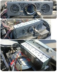 Я, когда Оку купил, тоже с блюпуп-колонаой ездил на торпедо.  

Предыдущий владелец, жадный был. 
Вырвал всю музыку из машины. В том числе и динамики. 
И воткнул неработающую магнитолу, аж кассетную. 
Нашёл же раритет.    

Вот и пришлось достать из загашников "кубик с музыкой". 

Потом купил простенькую магнитолу с встроенными динамиками. 

По сути, та же БТ-колонка, только без аккумулятора и от 12В. 

Бормочет чего и ладно, не меломан я.