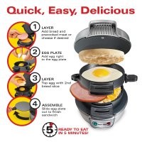 Изначально - это американская фирма Hamilton (110 вольт). Потом уже китайцы стали лепить свои поделки на 220.
Эта штука называется Breakfast Sandwich Maker.
Никакими бургерами там даже и не пахнет. В инструкции написано "предварительно приготовленное мясо", а что это будет: котлета, ветчина, колбаса - неважно.
Я обычно кладу колбасу. И, да: это быстро и удобно. Готовится буквально несколько минут. Пока умылся - горячий бутерброд готов. Мыть не нужно - там тефлоновое покрытие. Просто протереть салфеткой. Кстати, совершенно непонятно зачем в видосе брызгают маслом.
Кстати, существуют такие же на 2 сэндвича.