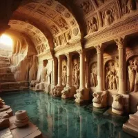 Древний бассейн в Памуккале... На фото вообще не он!!! Возможно в представлении историков. Тогда уж это не фото, а картина. Сейчас он открытый, с обломками может быть этих колон,  типа лабиринт, неглубокий. Лишь в одном месте углубление, потеплее и типа минеральная вода с пузыриками. Была, купалась..