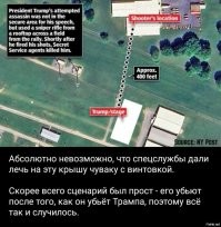 Вообще у них там прикольно работает служба безопасности и полиция. Чувак с винтовкой споконо поднялся по лестнице на крышу какой-то бытовки в 150м от трибуны Трампа и залёг там. Кто-то из зрителей даже показал пальцем полицейским на этого чувака с винтовкой, но те проигнорили... Ну пришёл чувак на митинг Трампа и хочет посмотреть на его выступление через оптический прицел! Ну что тут странного то? С кем не бывает? Снайперы из службы безопасности, которые дежурили на крыше другого здания (более высокого) просто не могли не видеть этого чувака с винтовкой, да ещё на светлой крыше, дали сделать ему 4-5 выстрелов и только потом застрелили. Причём, судя по фотке, ему прилетело не менее 2-х пуль в голову....