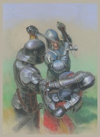 Облачённые в доспехи бойцы сражаются в клетке для ММА