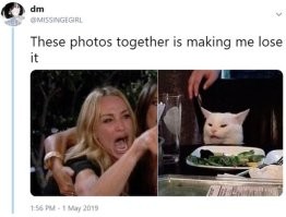 Первый кадр из "Настоящие домохозяйки Беверли-Хиллз", а второй - просто забавный кот. Объединили кадры и появился мем.

Вот исходный твит
