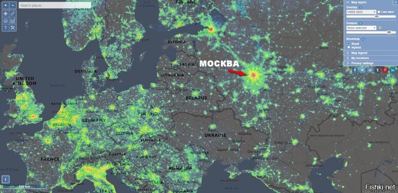 Городская засветка Москвы по сравнению с другими городами и Европой. Данные за 2023 год:
==