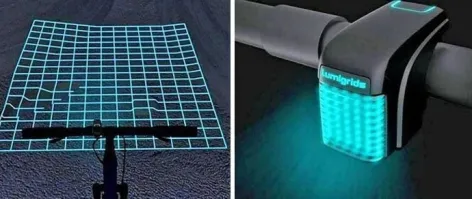 Увы, но проектор сетки на дорогу работать будет плохо, если если вообще будет видно эффект. 
Чтобы это работало именно как показано на фото, нужно светить с точки которая впереди головы водителя. Вот для машины такая штука будет полезна