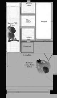 Хм... Вот странная планировка. 

На эту коморку, есть полноценная ванна, душ, совмещенный с туалетом. 
И ДВЕ инфракрасные сауны. 

Больше похоже на "привел подружку, попарился и отчпокал". 
А не жить там.