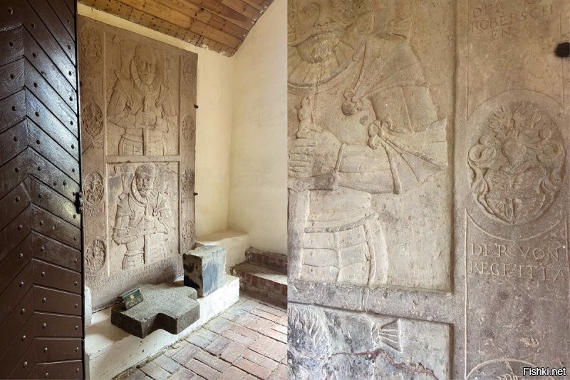 У нас тоже не мало старинных строений и раз уж тут показывают, то я тоже похвалюсь. Вот в этой кирхе Святой Анны была лично. 1350 года постройки. Но знаменита она тем, что тут похоронена дочь Мартина Лютера. Кирха одна из старейших в нашей области, но и одна из самых сохранившихся, поскольку войной не была затронута. И до сих пор она является действующей лютеранской церковью! Фото не мои (к сожалению мои вышли плохого качества), но всё там именно так и есть. Восстановлены даже средневековые фрески. 
  А вот буквально рядом с моим домом более ранняя постройка. Кирха Святой Барбары, датируется 1325 годом.  Но она в руинированном состоянии. Так выглядит она сегодня (фото с собакой). Хотя там сохранился фрагмент фрески 14 века.