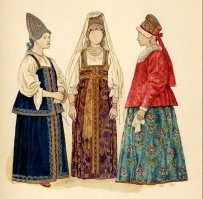 Русские народные костюмы. Они +- варьировались в каждой губернии и у каждой народности. Но принцип везде один и тот же - сарафан без вырезов на груди и покрытая голова, в большинстве случаев платок.