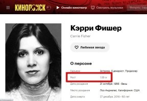 Для коллеги (перемещающегося в пространстве), не умеющего пользоваться поиском, уточняю:

Нашёл за 2 секунды. Просто вбил в поиск "Кэрри Фишер рост" и по первой же ссылке - пожалуйста: