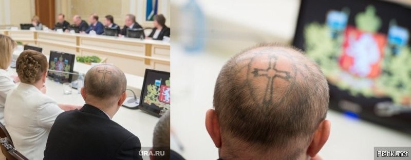На фото уральский трижды судимый депутат с татуировкой  на макушке.