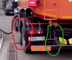 До дубиноголовых туго доходит - правила ТБ написаны кровью. 

Статическое напряжение с бензовоза снимают двумя способами: 1

Во время транспортировки. Заряд статического электричества отводится от цистерны посредством установки на бензовоз металлической цепи заземления. Одним концом она крепится к автоцистерне, а другим постоянно контактирует с землёй. 1
При сливе и заправке. Заземление бензовоза во время слива или наполнения топлива осуществляется с помощью автоматических устройств, которые контролируют состояние заземляющей цепи и прекращают подачу топлива, если выявлены проблемы. 1
Принцип работы при втором способе заключается в подключении заземляющего проводника зажимом одним концом к металлическому корпусу цистерны, а вторым   к индикатору. Далее производится измерение сопротивления. В случае допустимых параметров загораются светодиоды на индикаторе и срабатывает механизм реле, дающий доступ к сливу или заправке топливом. 2