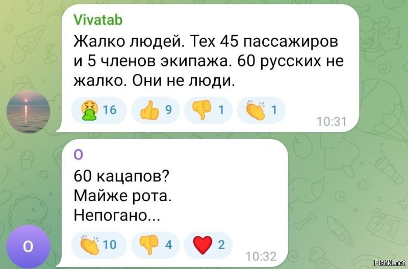 Хохлы как всегда держат свой уровень и насмехаются над погибшими людьми. 

Самолёт - бразильской постройки. 

Авиакомпания - азербайджанская. 

Пассажиры - граждане Азербайджана (экипаж так точно) и, возможно, России. 

Прямо сейчас казахи спасают людей на месте крушения. 

Ну, а что хохлы ? Свиньи в очередной раз доказывают, что кроме ФАБа они ничего не заслуживают.