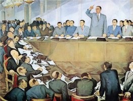 На самом деле это картина (автор Гури Мадхи, 1979г.) называется "Московская конференция".
На ней изображен тогдашний лидер Албании Энвер Ходжа, который в 1961г на заседании Политбюро в Москве послал нахер Хрущева и присутствовавших Брежнева, Микояна и других товарищей.
А послал он их  из-за несогласия с советской ревизионистской политикой, в частности, с разоблачением культа личности И.Сталина на ХХ съезде КПСС в 1959г.